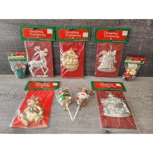 Ornaments - Christmas Trimmeries (7) & Santa Snowman Suckers VINTAGE Sealed